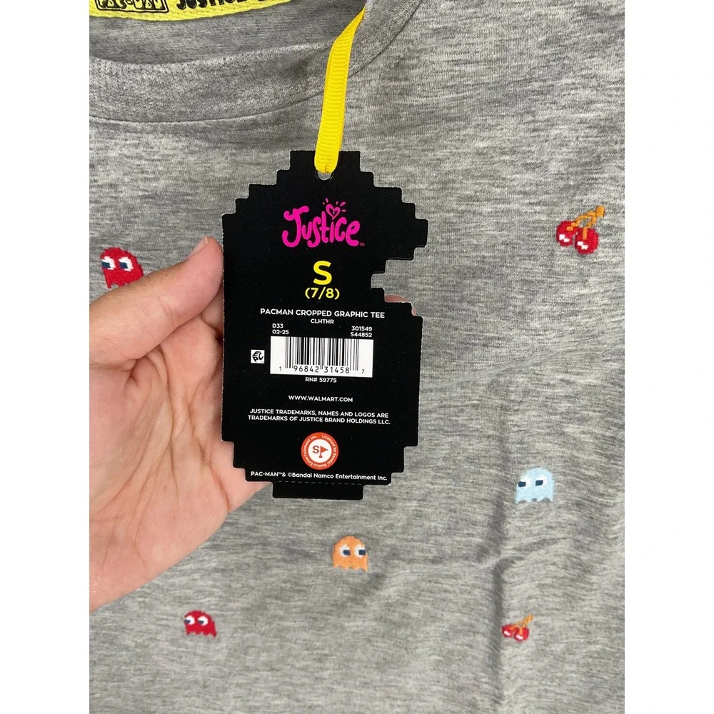 Justice Girls Pac-Man Cropped Graphic Tee Embroidered Gray S 7/8